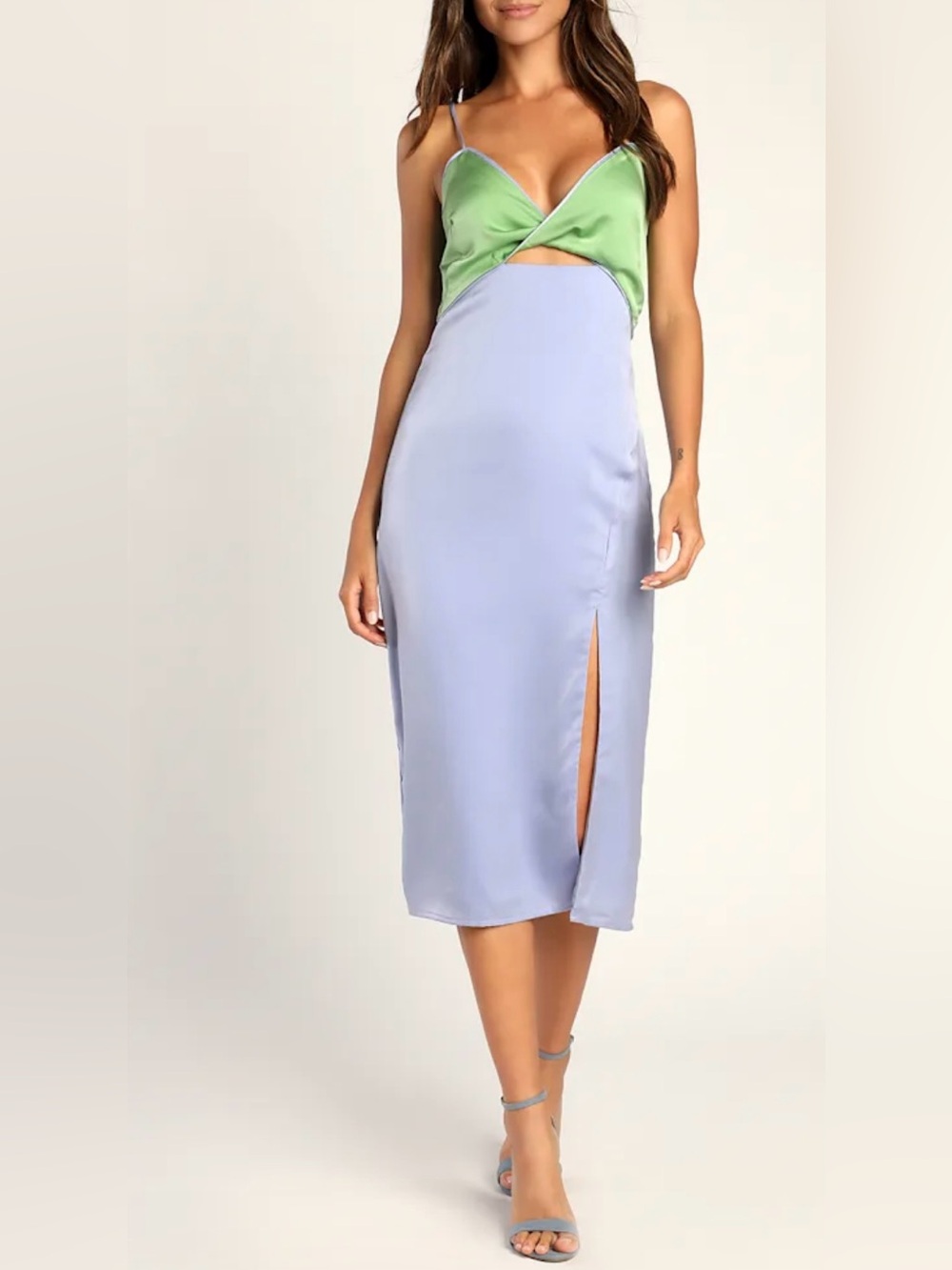 Lulu's light blue Satin Midi colorblock dress with Side Slit